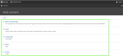 List of content types on content page