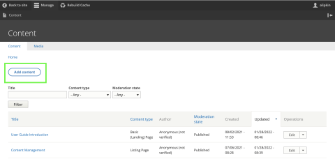 Add content button on content page